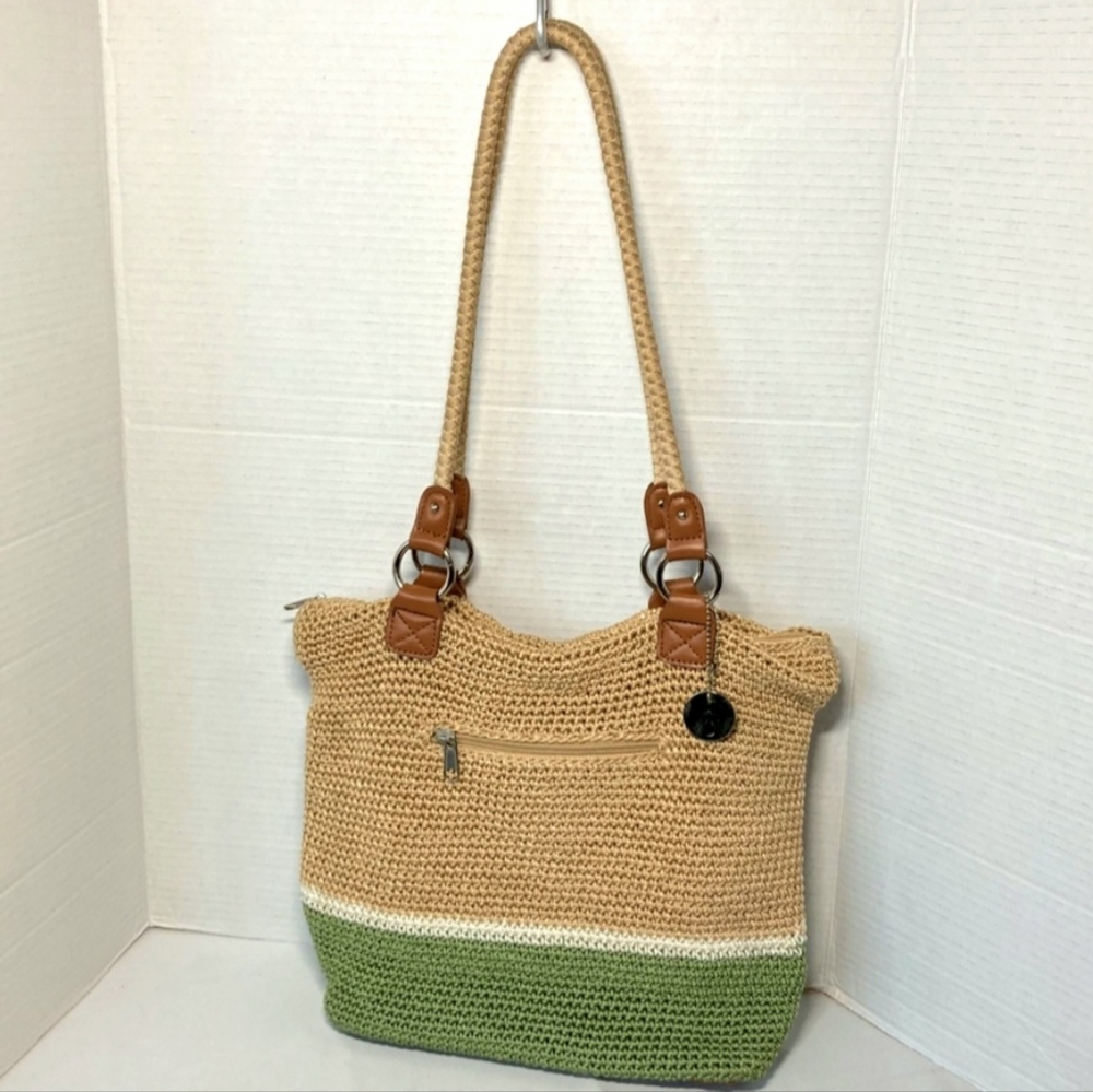 The SAK Original Crochet Purse Bag Tote with Braided Handles Faux Leather Trim
